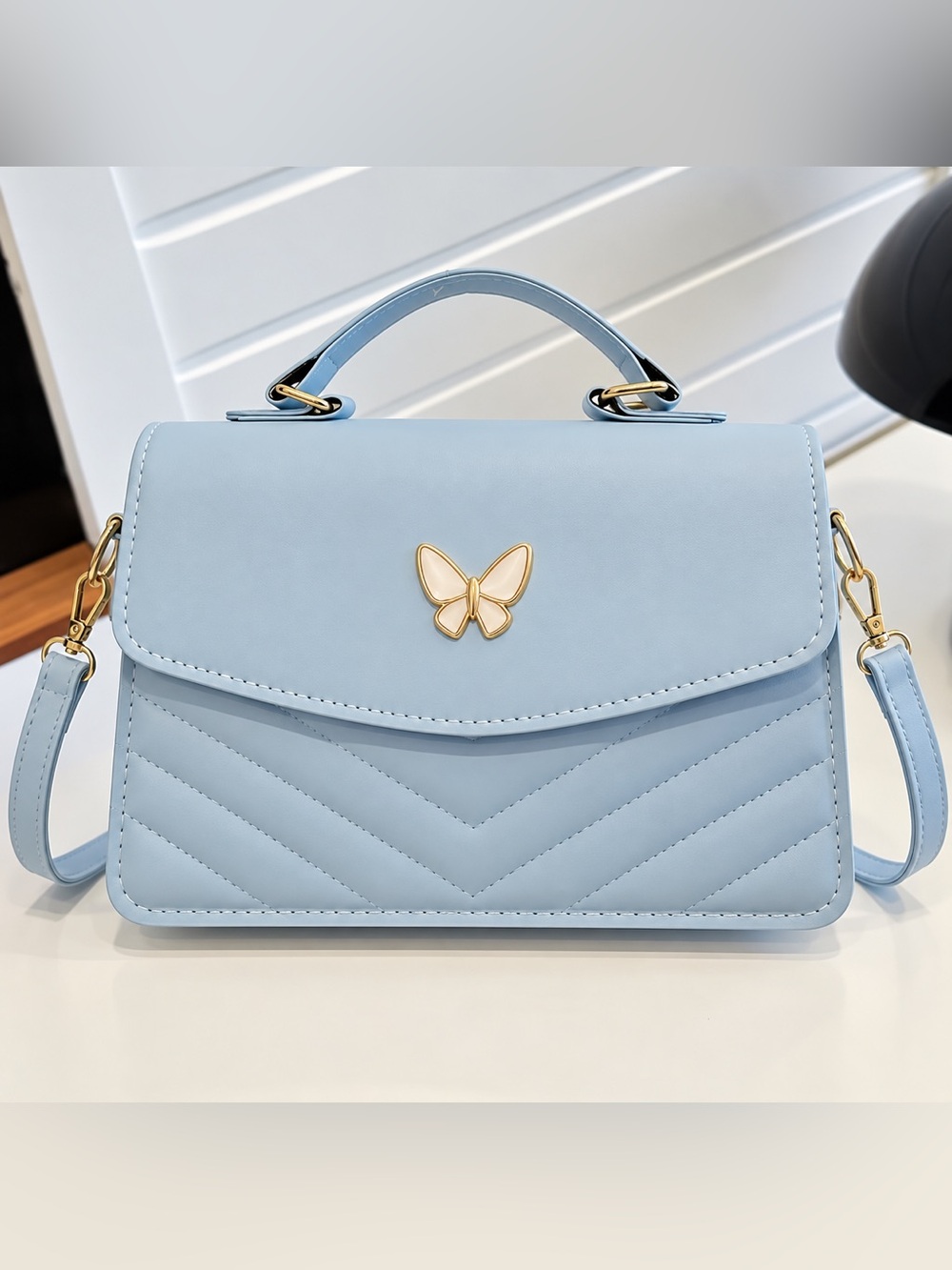 Light Blue Butterfly Accent Top-Handle Bag